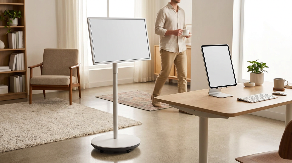 A rolling smart display beside a tablet on a stand in a hybrid home office
