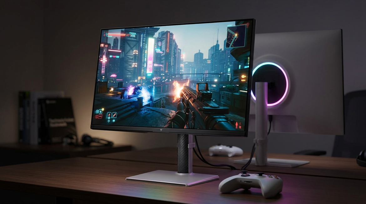 Mini-LED gaming monitor on a desk in a dark room with HDR highlights and subtle blooming control