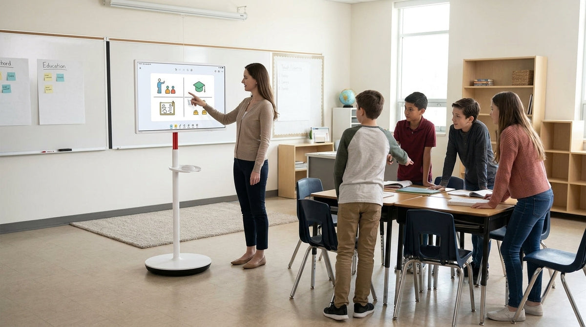 A rolling smart display positioned for a classroom lesson workflow