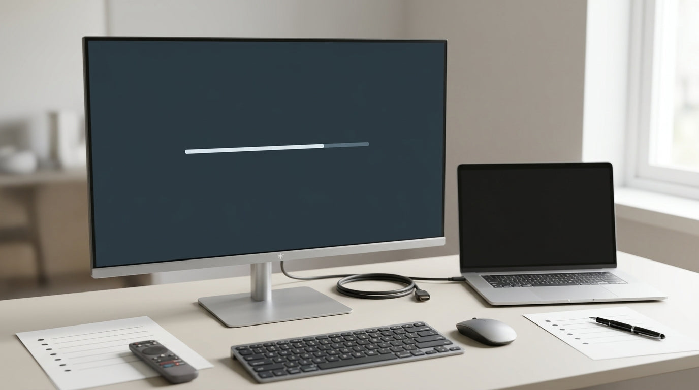 A neutral technical support cover scene on a tidy desk, showing a monitor with a generic update interface and a laptop beside it.