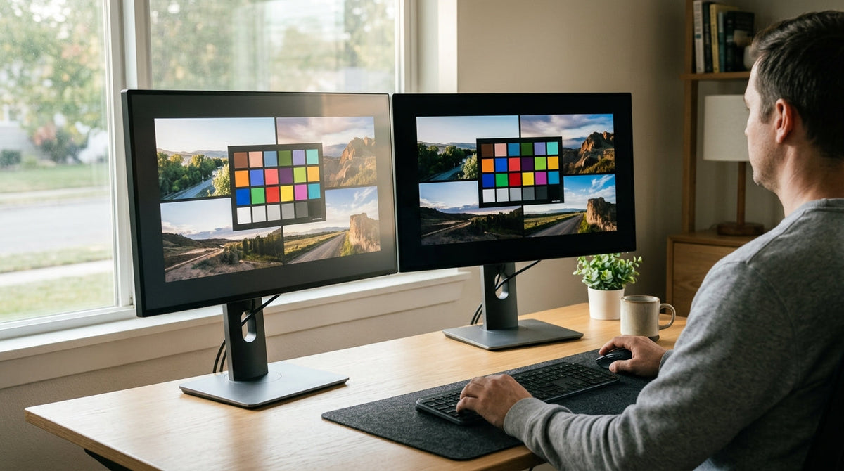 Mini-LED and OLED monitors on a bright desk with window light in the background