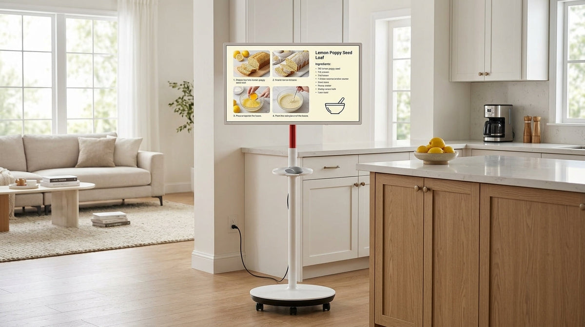 Rolling smart display moving between kitchen, desk, and family room in an open-plan home