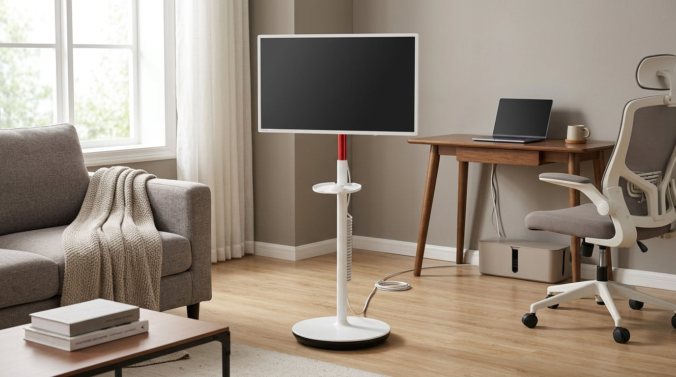 Rolling smart display in a small apartment beside a desk and sofa