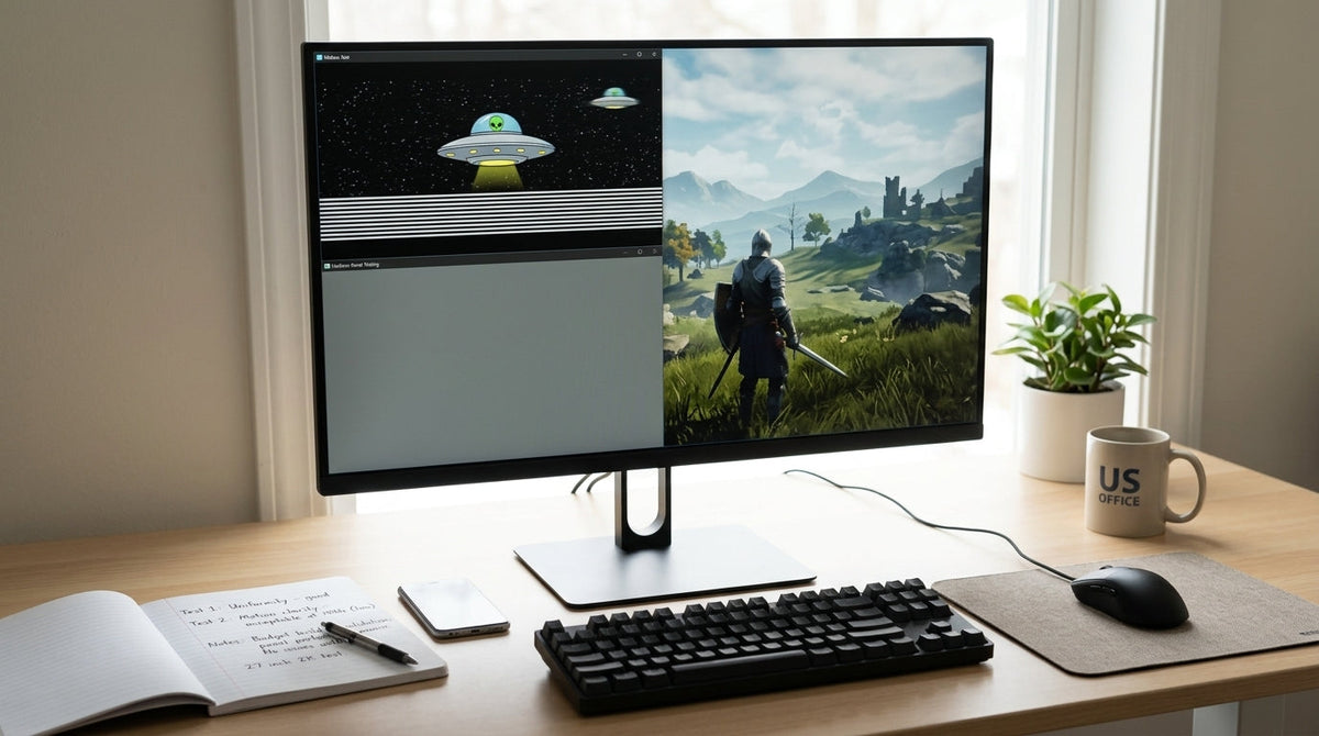 Home desk monitor validation scene showing motion tests, solid-color screens, and a laptop connected to a budget OEM monitor.