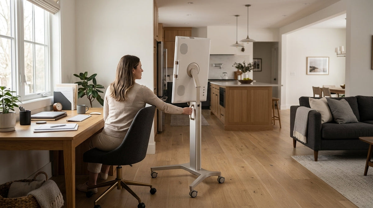 A mobile smart display on a rolling stand in a home office with a visual path toward a kitchen and living room