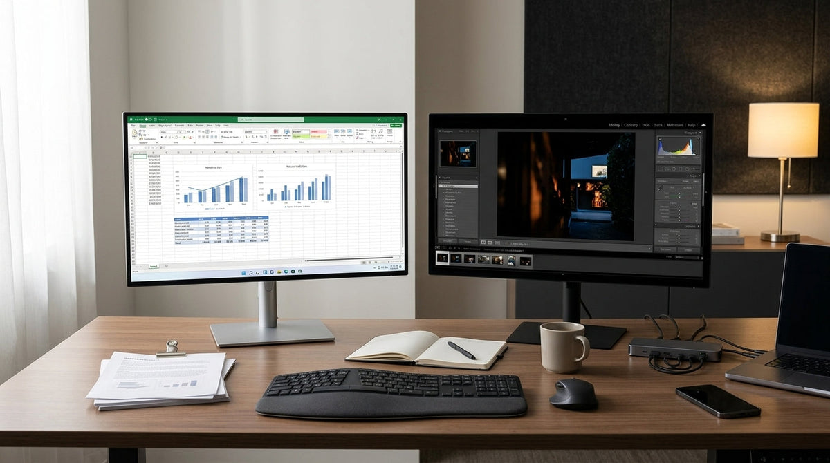 A neutral office desk comparison showing Mini-LED and OLED displays in different lighting conditions for productivity buyers.