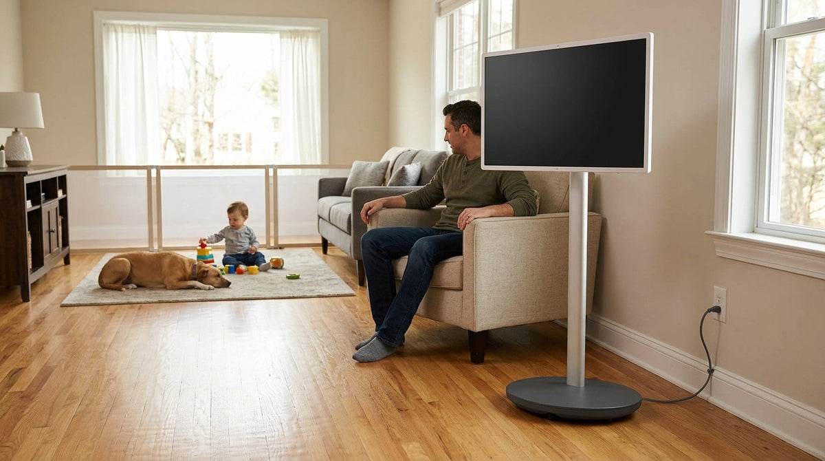 Rolling smart display placed safely in a family room with clear floor space and controlled cords