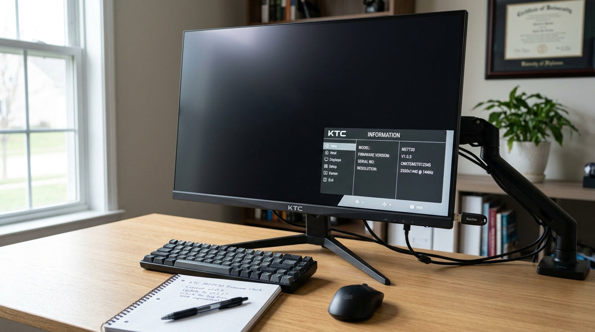US buyer checking KTC monitor firmware version and region on a clean desk before updating
