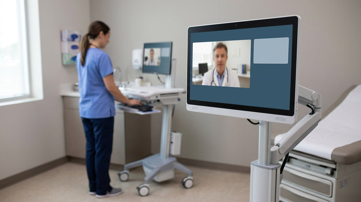 A clinical telehealth display in a modern exam room during a remote consultation.