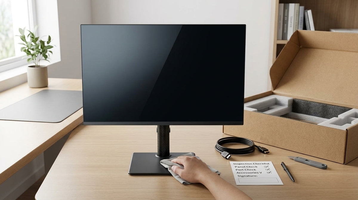 A desk setup with a new monitor showing a simple arrival-day inspection checklist beside it