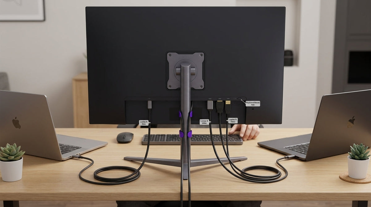 Desk setup with a USB-C KVM monitor, laptop, keyboard, and cable connections for troubleshooting
