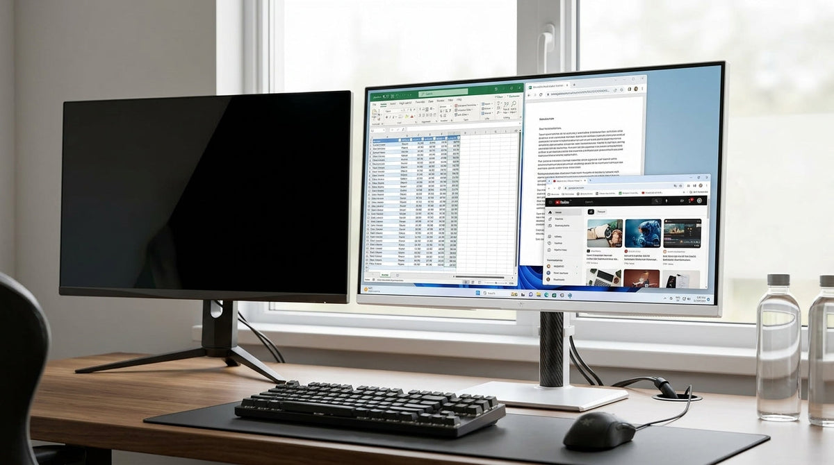 A dual-monitor-style comparison scene showing a bright office desk with a Mini-LED display beside an OLED display in a darker gaming setup