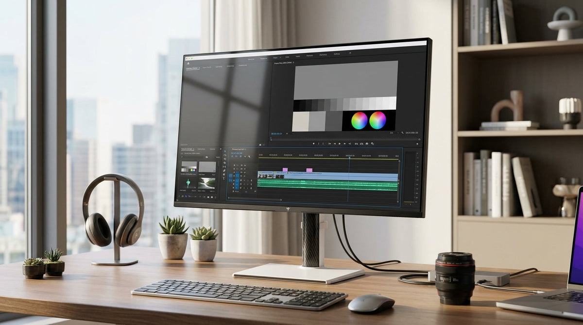 A KTC Mini-LED monitor on a creator desk with a neutral gray test image and editing software open