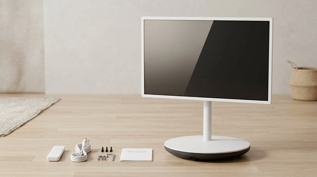 KTC MEGAPAD 32-inch smart touch display on a rolling stand with remote, power cord, and accessories