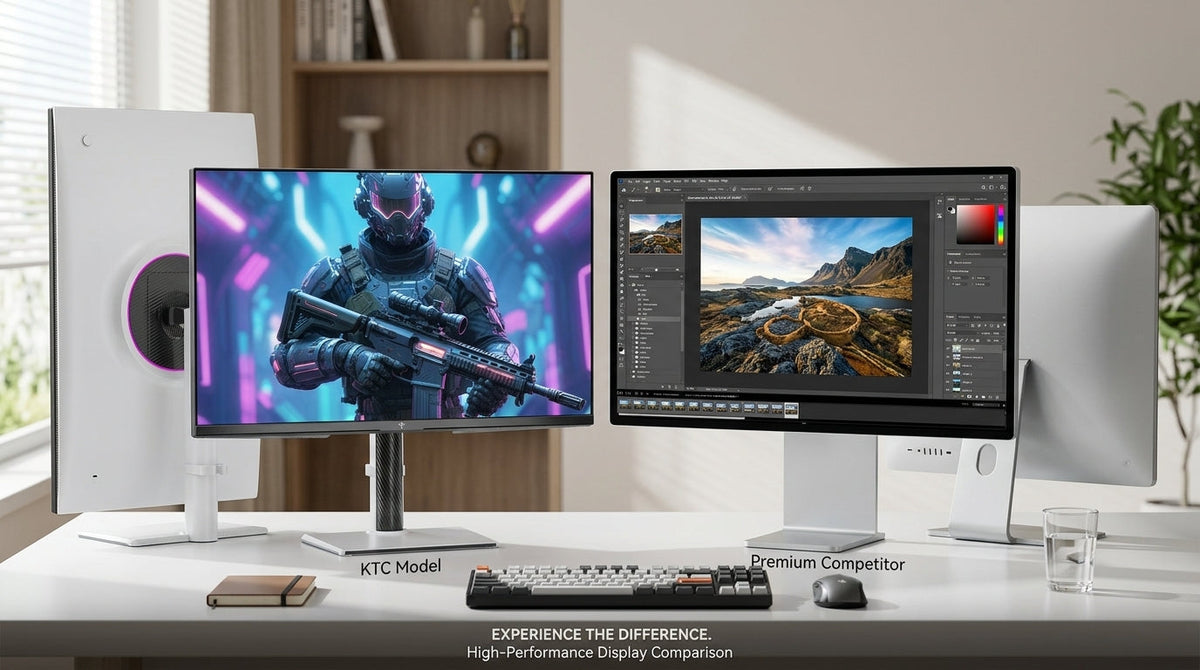 KTC monitor value comparison beside a premium brand monitor on a clean desk