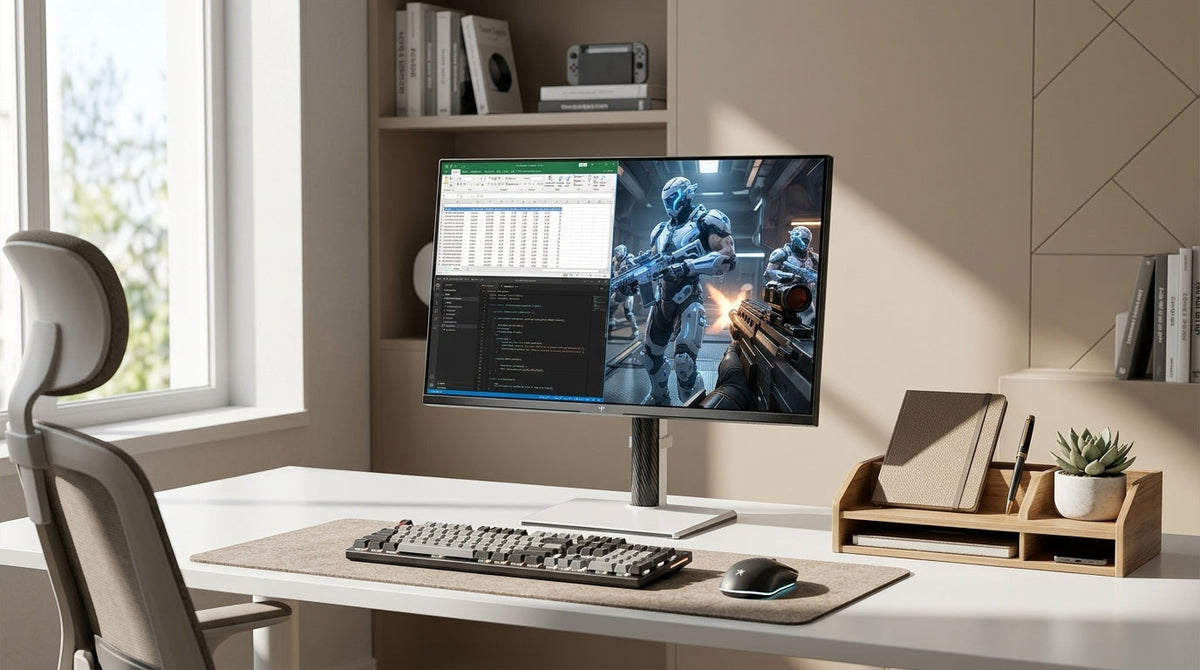 Hybrid desk with a monitor showing work windows beside a game scene in a bright room