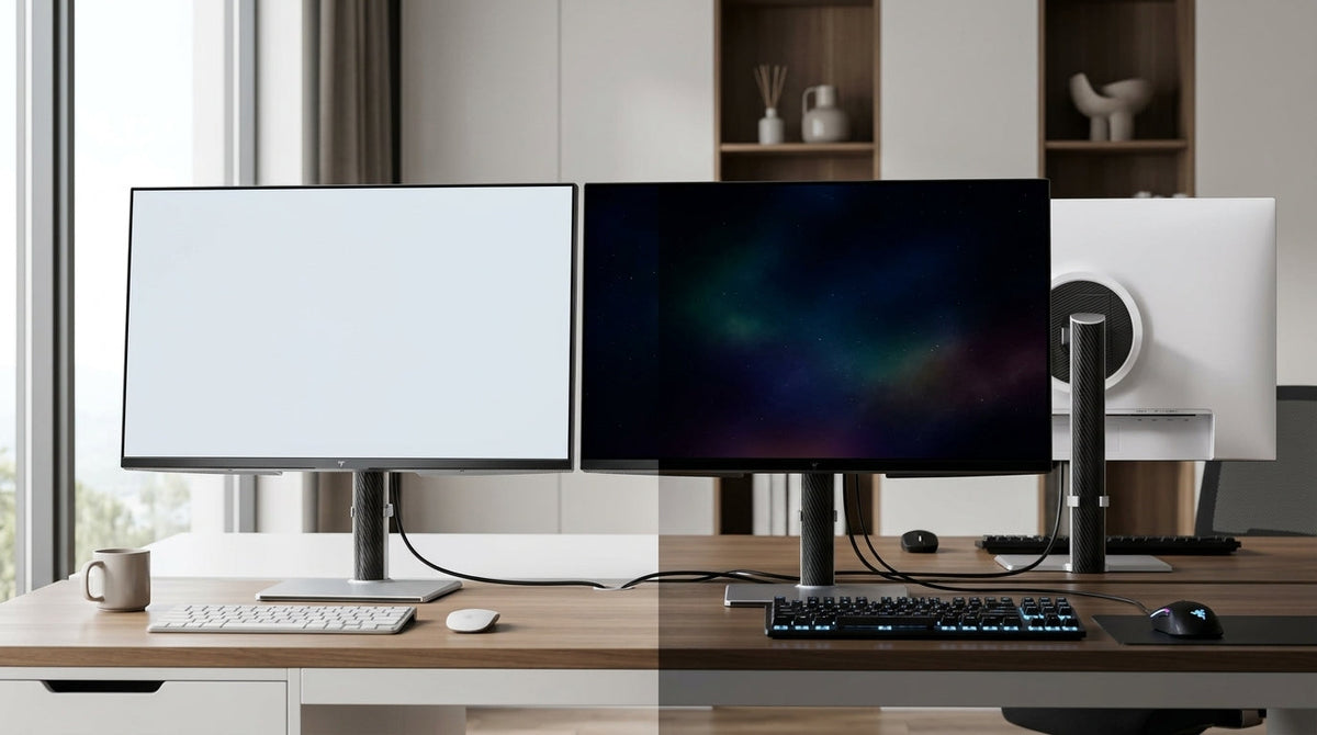 A side-by-side monitor desk setup comparing Mini-LED and OLED for bright room work and gaming
