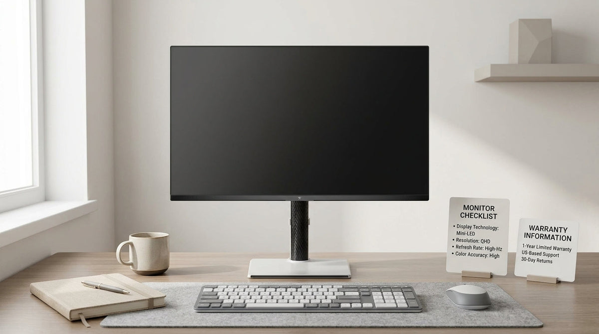 Neutral ecommerce cover showing a 27-inch KTC mini-LED monitor on a desk beside a keyboard and notebook, with a clean comparison and ownership decision theme