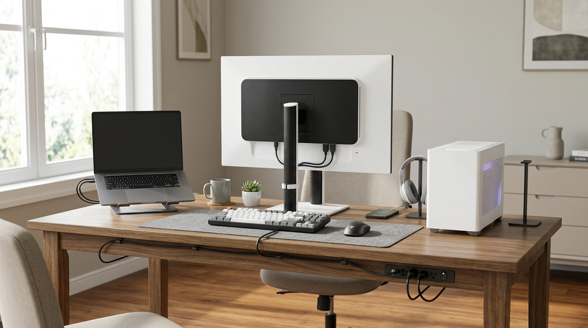 A shared desk with a monitor, laptop, desktop PC, keyboard, mouse, and clean cable routing for work and gaming