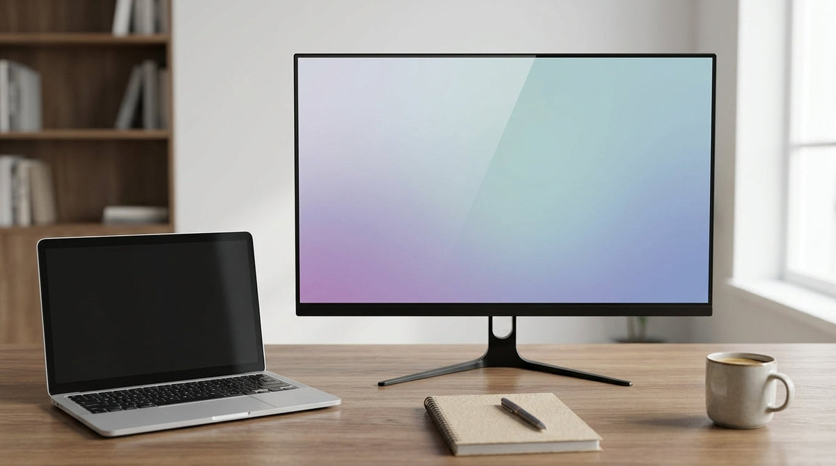 KTC value monitor on a clean desk with a laptop and notebook in a home office setup