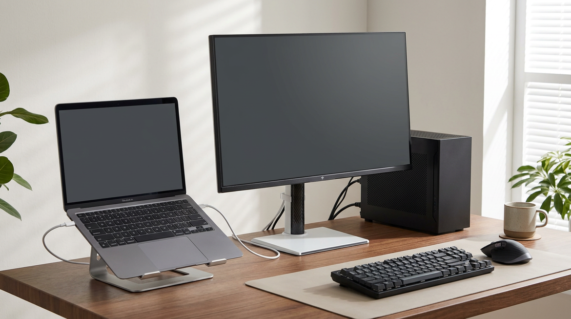 A clean desk setup with a laptop and gaming desktop connected to a USB-C monitor, showing a shared workspace for work and play.
