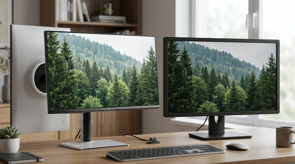 A value monitor beside premium monitor setups on a clean desk