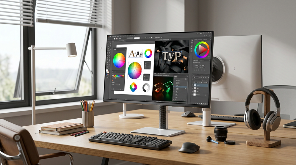 A 27-inch Mini-LED creator monitor on a clean desk with design software, a photo preview, and office windows open.