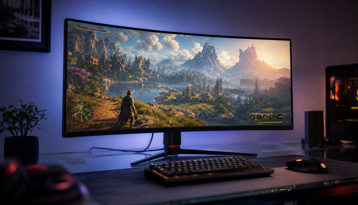 A curved ultrawide gaming monitor displaying a wide 21:9 game scene on a dark gaming desk setup