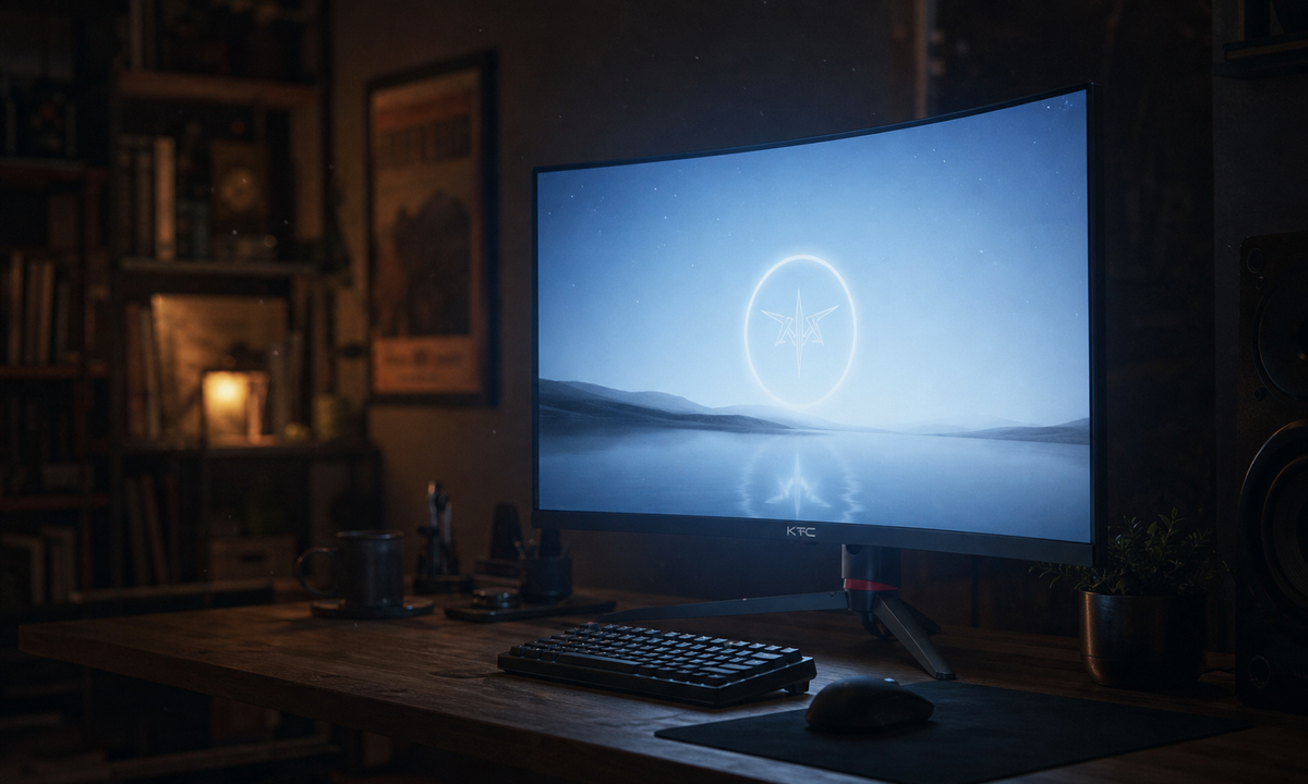 A monitor left on overnight in a dark home office, glowing with continuous ambient blue light on a wooden desk