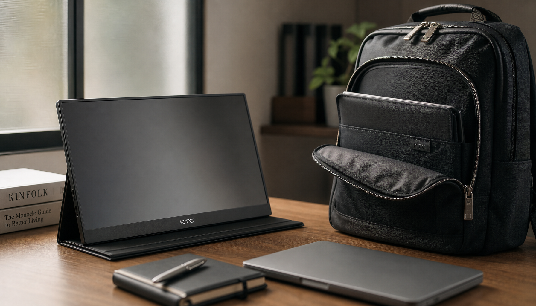 A portable monitor in its protective sleeve beside a packed laptop backpack, ready for a day commute