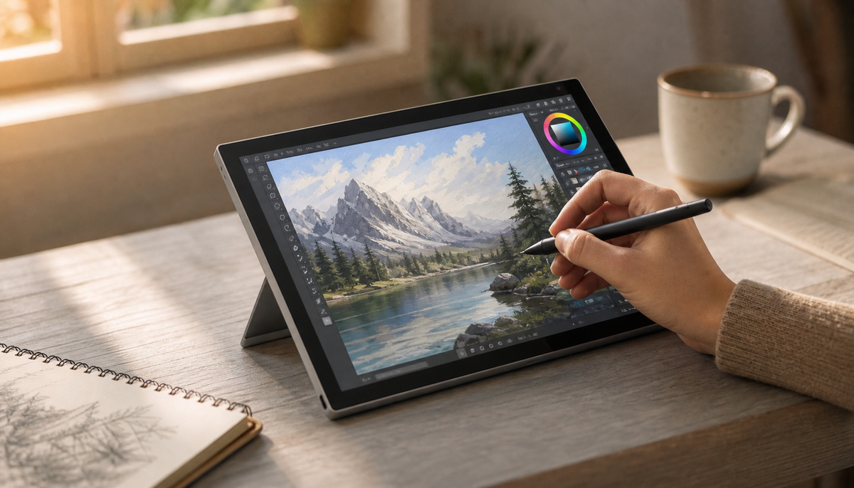 Artist drawing on a portable touchscreen monitor with an active stylus at a low drafting angle on a clean desk