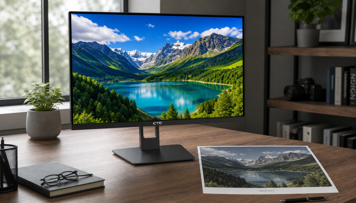 Calibrated monitor showing vivid colors next to a printed photo with duller, muted tones illustrating the screen-to-print color mismatch