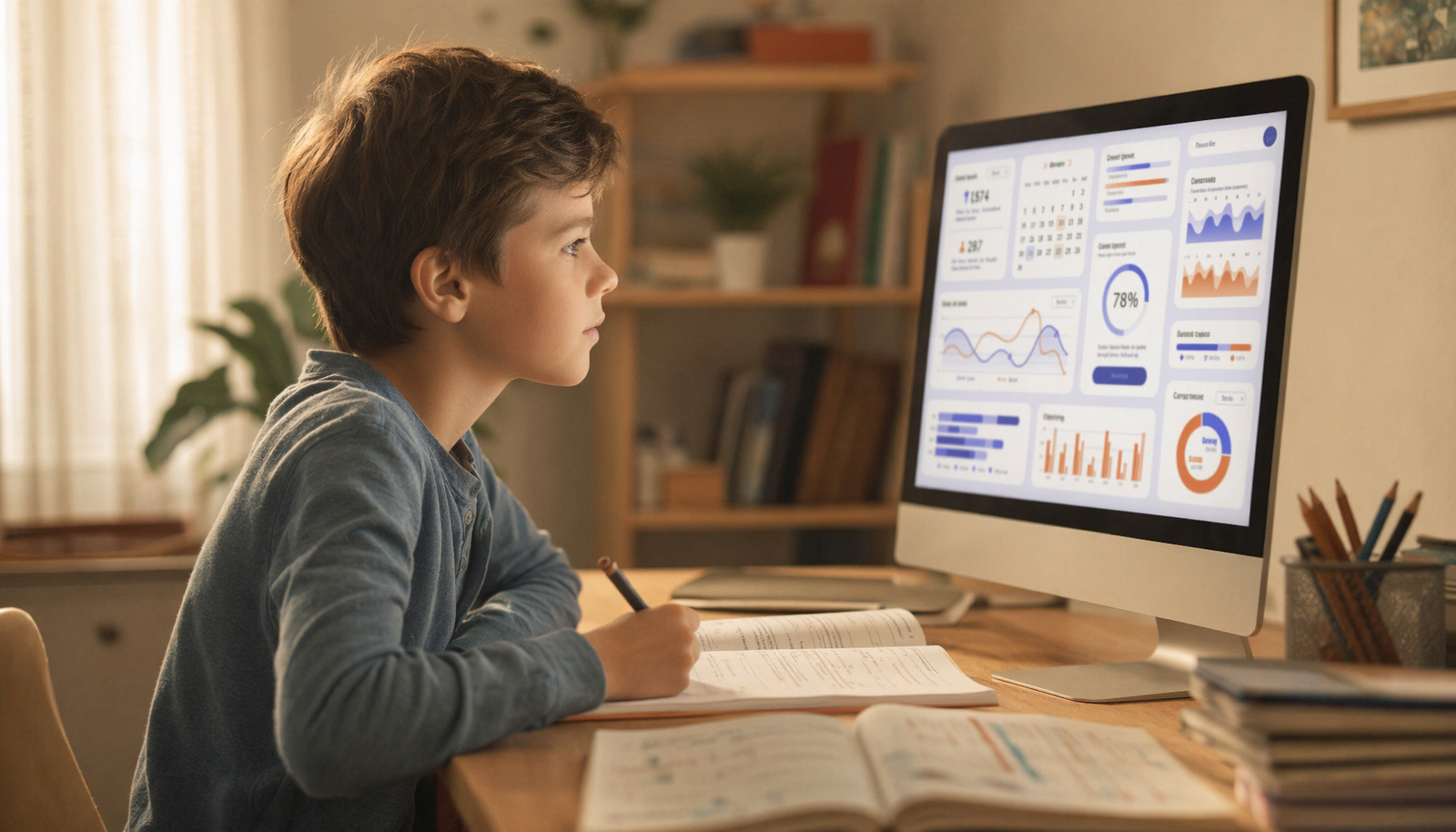 Child doing homework on a desktop monitor at a well-lit home desk with proper viewing distance