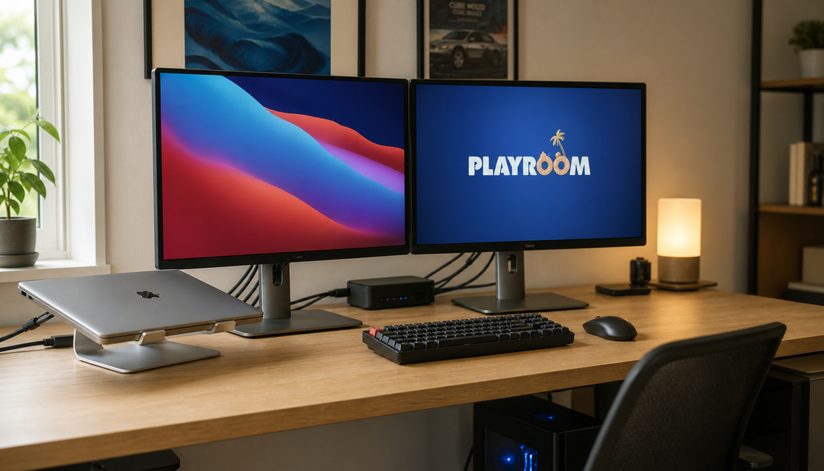 Clean dual-monitor home office desk with a work laptop on a stand and a desktop tower, connected through a KVM switch for seamless switching