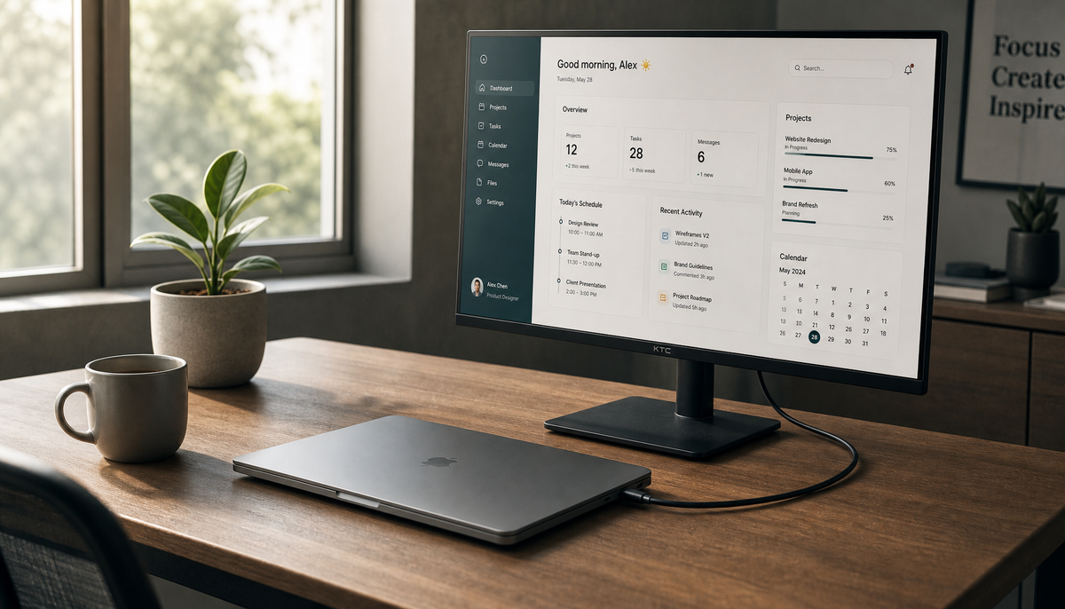 Closed laptop connected via USB-C cable to a monitor on a clean office desk, illustrating a power delivery and display setup