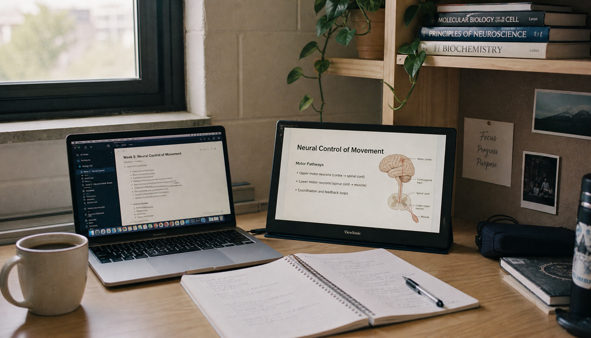 College student dual-screen dorm desk setup with laptop and portable monitor side by side
