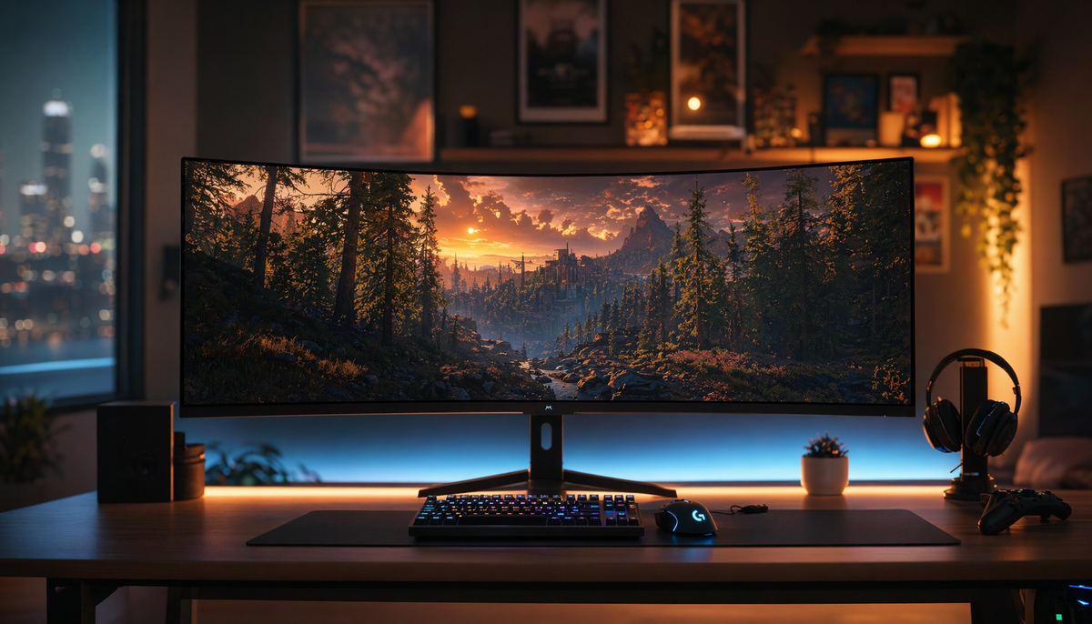 Curved gaming monitor on a desk showing a wide panoramic game scene, illustrating how monitor curvature wraps the display into the player’s field of view