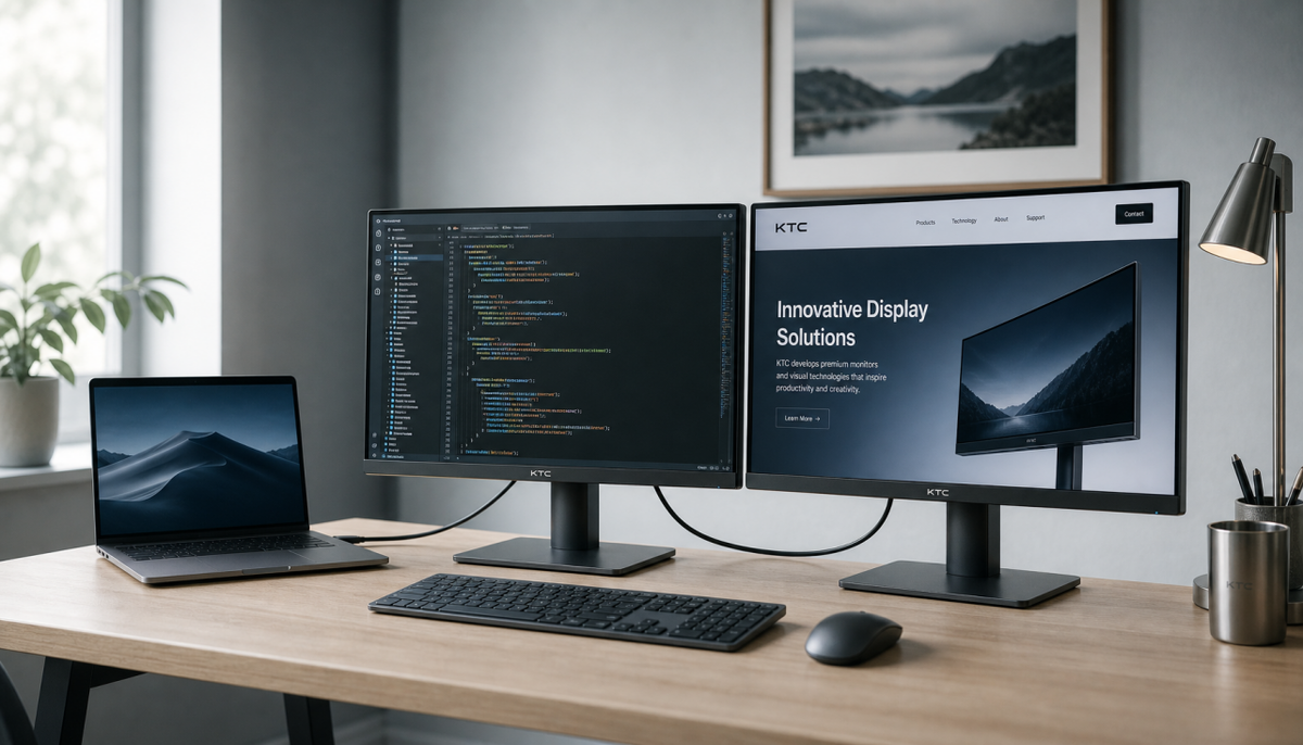 Dual monitor daisy-chain setup on a clean home office desk with a single upstream cable connecting laptop to two displays