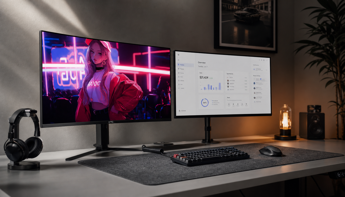 Dual monitor desk setup with OLED and IPS displays side by side for gaming and productivity