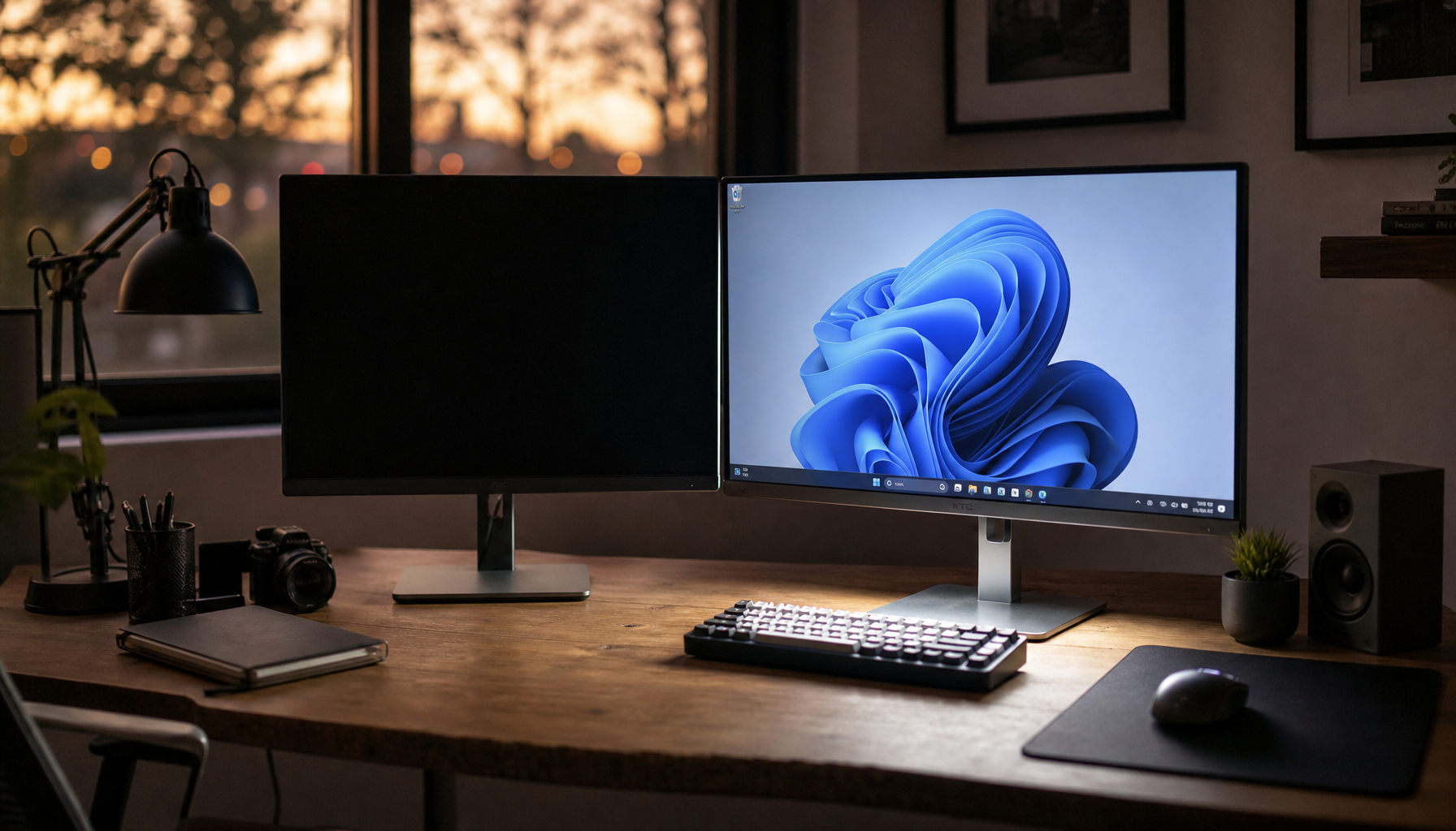 Dual monitor desk setup with one powered-off dark screen beside an active Windows display