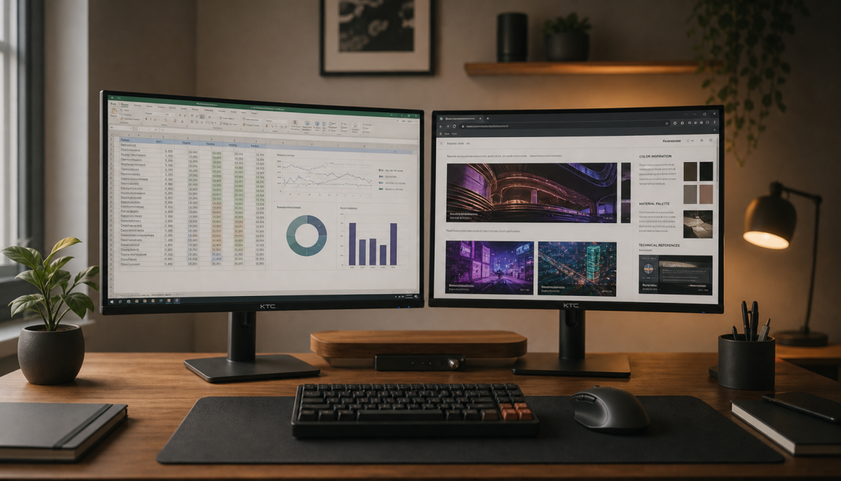 Dual monitor desktop setup with different content on each screen showing extended display mode in action