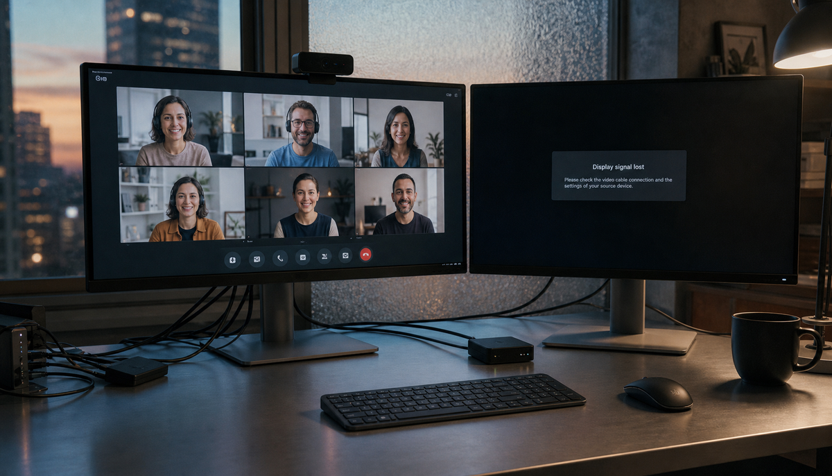 Dual monitor setup at a home office desk where one screen shows an active video call and the other has dropped signal during the call
