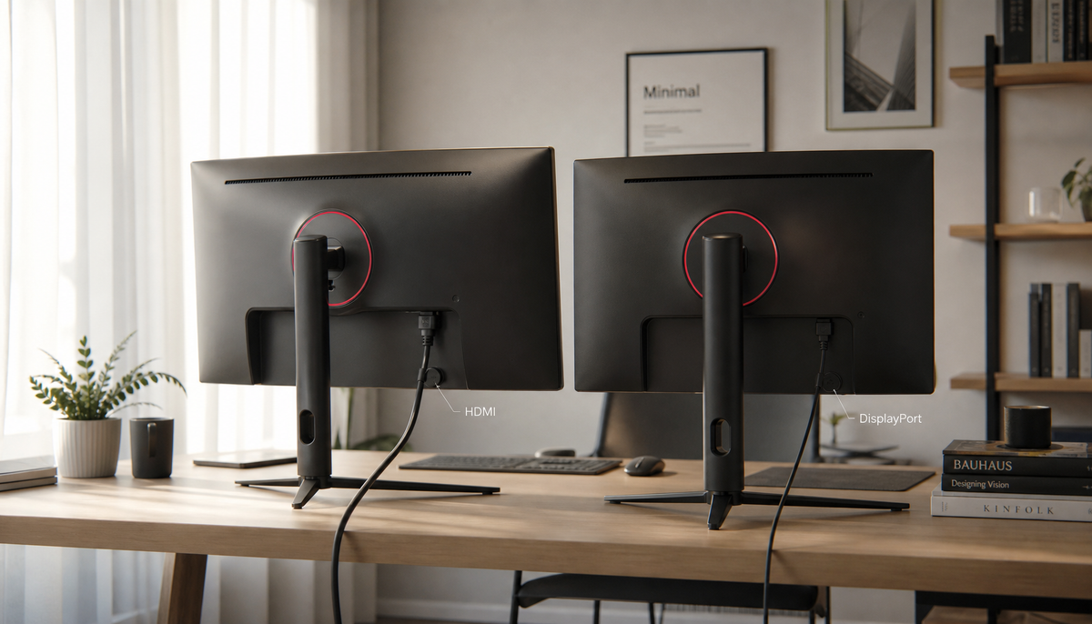 Dual monitor setup showing one display with a reset desktop layout after switching from HDMI to DisplayPort connection