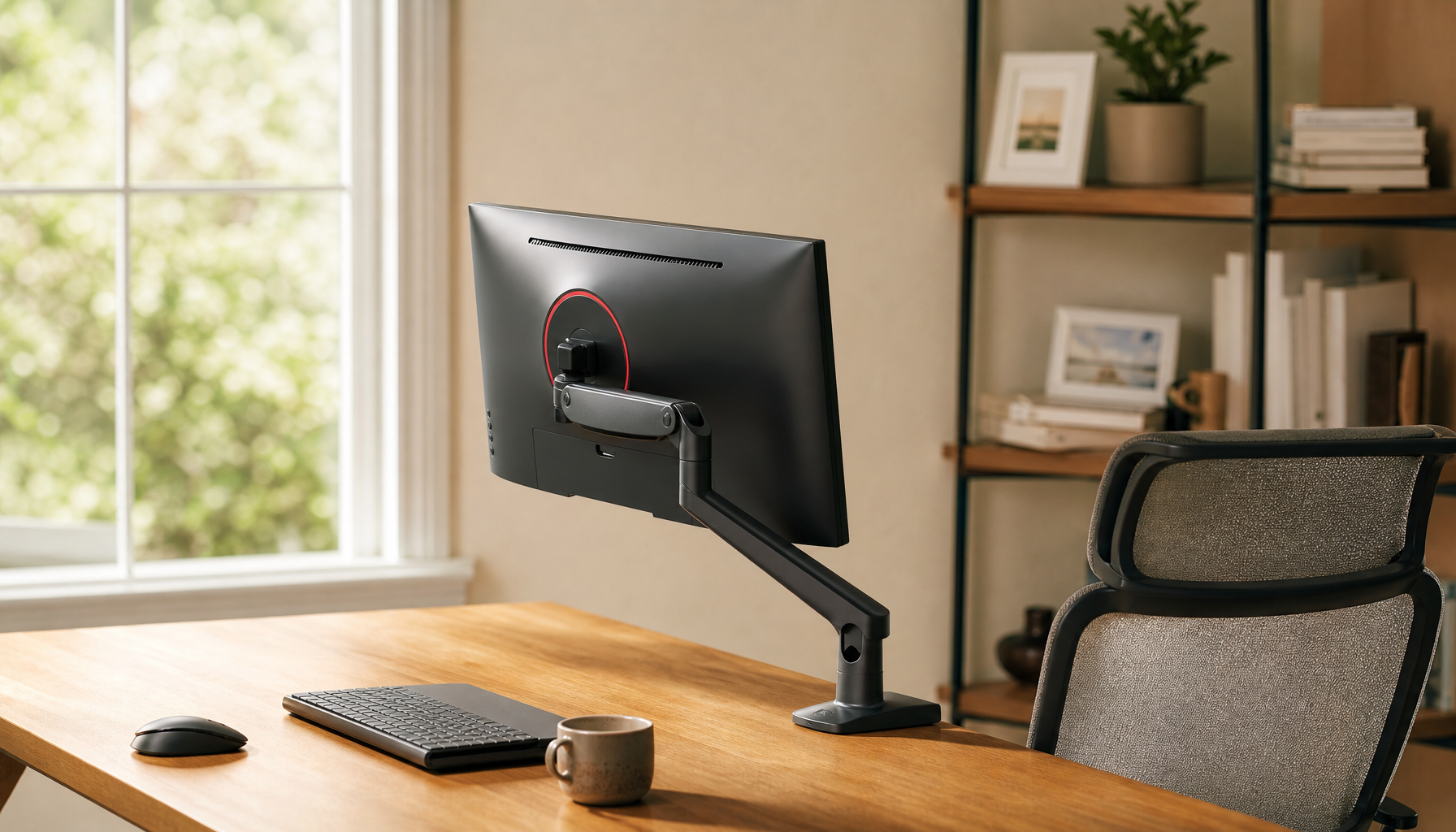 Ergonomic home office with monitor mounted on adjustable arm at eye level, clean desk setup promoting relaxed shoulder posture