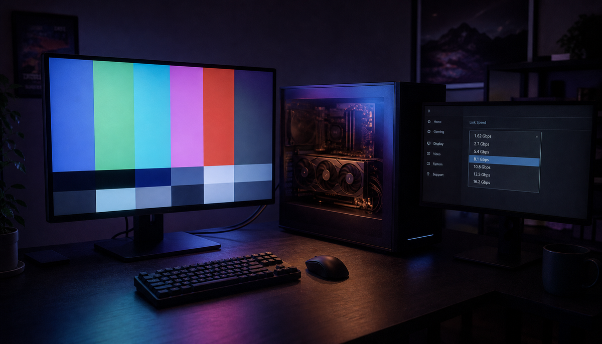 GPU installed in a PC case connected to two monitors via DisplayPort cables, with a settings panel showing multiple link rate options