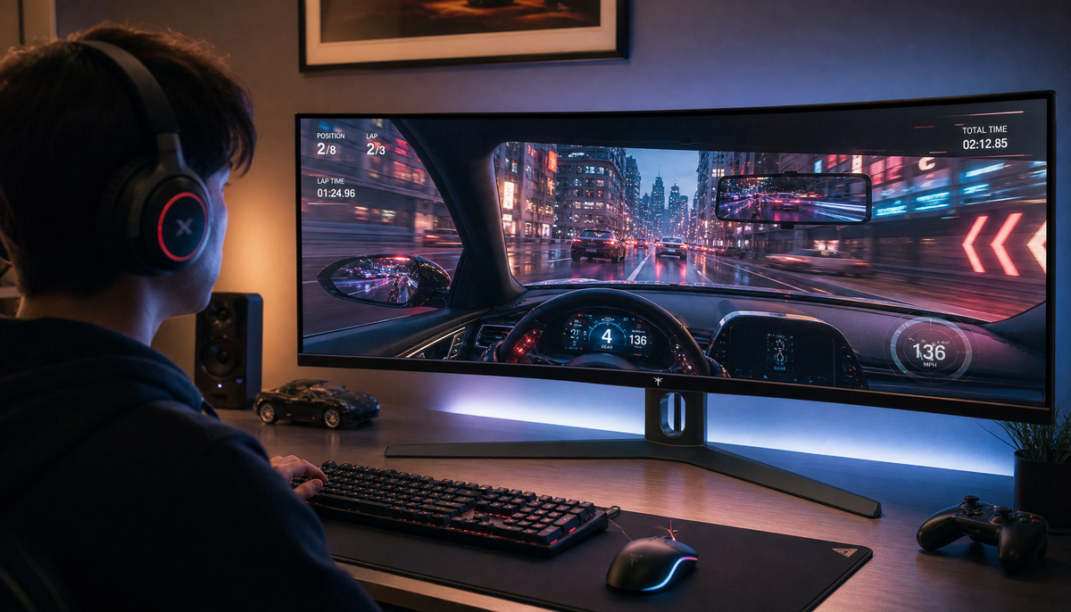 Gamer at desk with curved ultrawide monitor showing a racing cockpit view, illustrating the immersive field of view advantage of ultrawide gaming