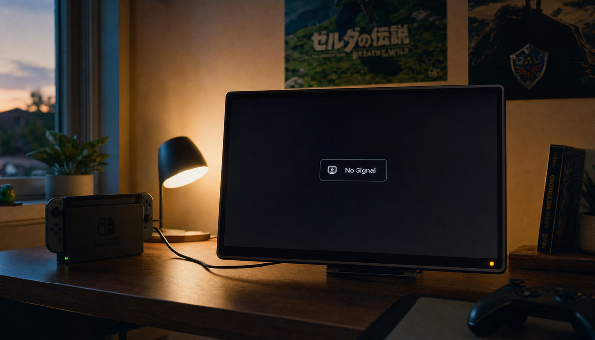 Gaming console connected to a smart display showing No Signal on a home gaming desk
