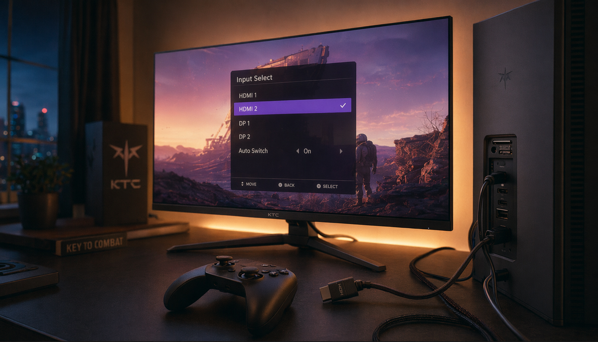Gaming desk setup showing a monitor displaying input select OSD with a console controller and HDMI cable nearby