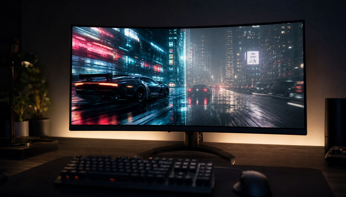 Gaming monitor displaying HDR night cityscape scene illustrating the conflict between motion blur reduction and HDR tone mapping