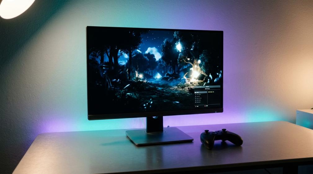 Gaming monitor displaying HDR scene with console setup and OSD menu open showing HDR mode settings